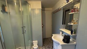 Een badkamer met een douchecabine van glas, een toilet, een wastafel en een spiegel met planken erboven.