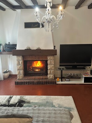 Un salon avec une cheminée, un téléviseur et un lustre.