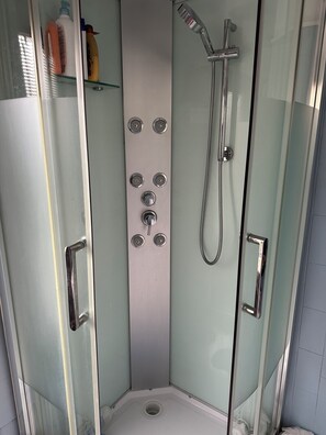 Shower, hair dryer, bidet, towels