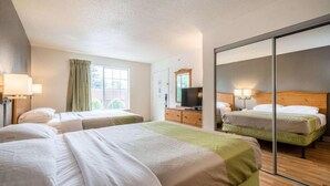 A hotel room with two beds, a television, a dresser, and a large mirror.