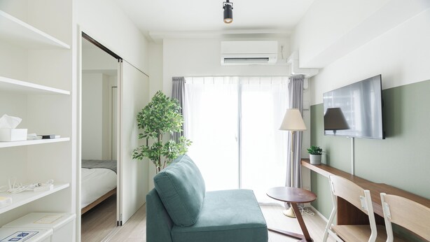 Une chambre d’hôtel avec un lit, un canapé, une télévision, un bureau et une plante.