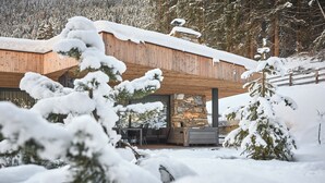 Une cabane en bois moderne avec une cheminée en pierre, entourée d’arbres couverts de neige.