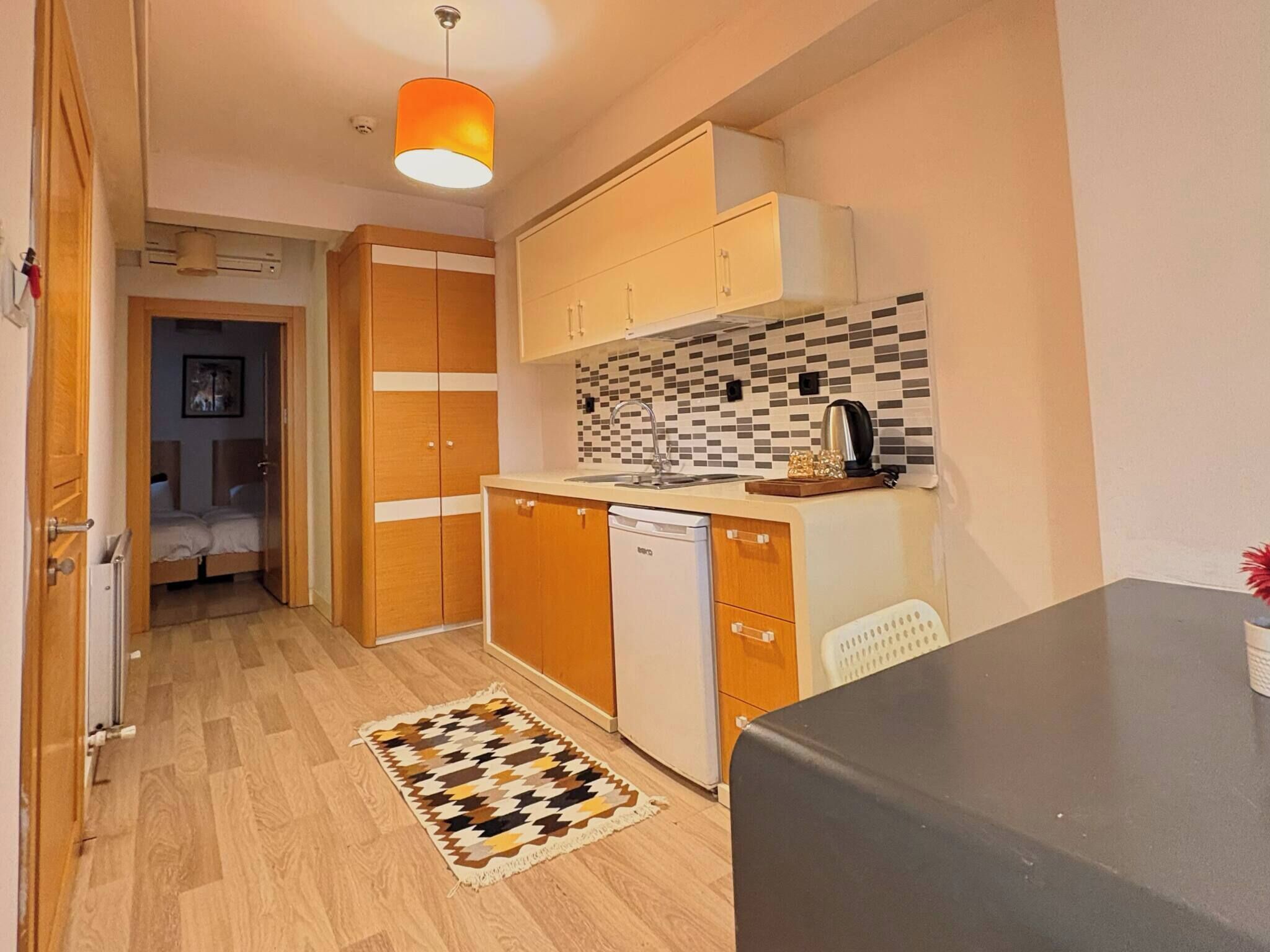 Fridge, stovetop, cookware/dishes/utensils