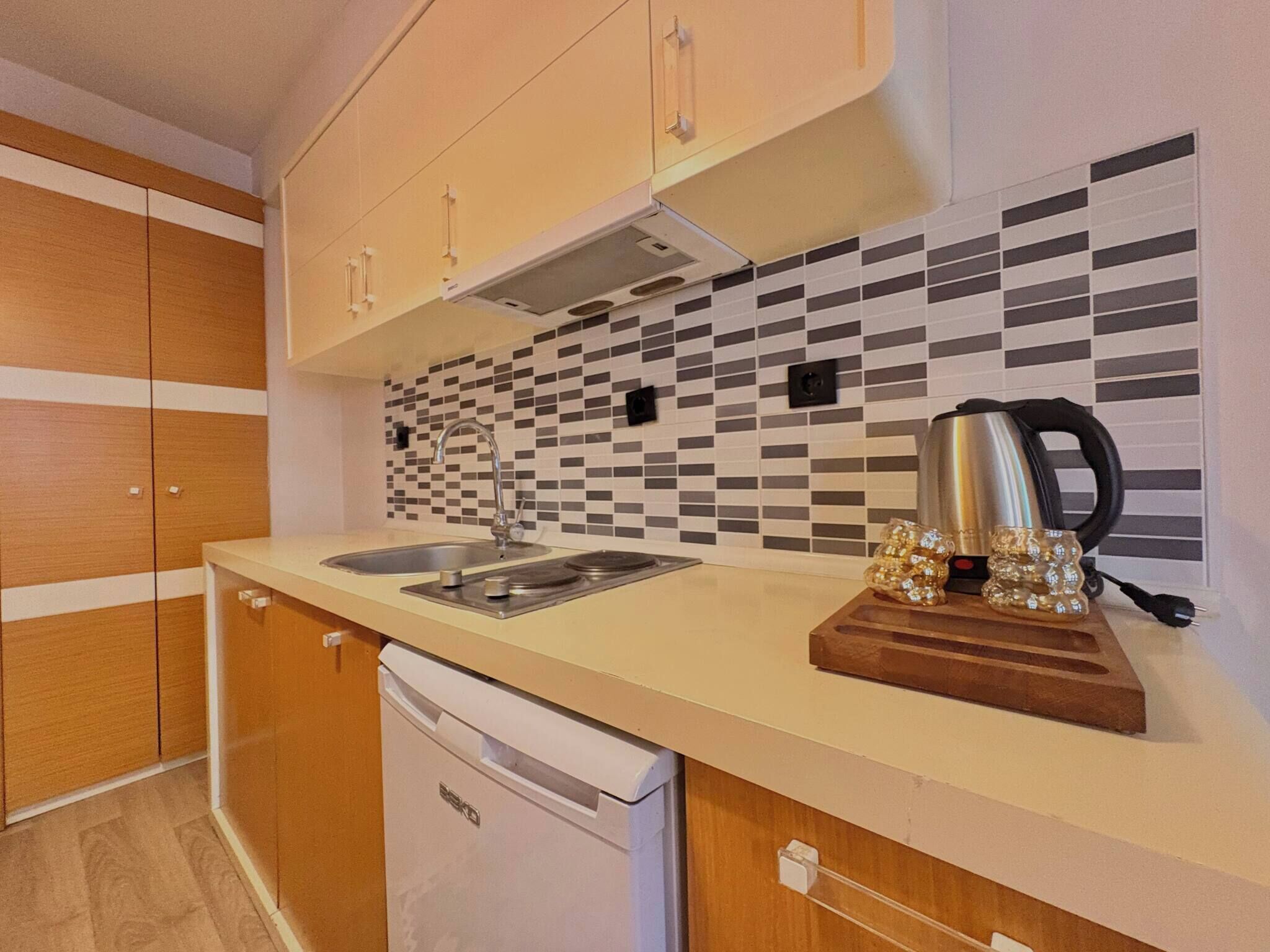 Fridge, stovetop, cookware/dishes/utensils