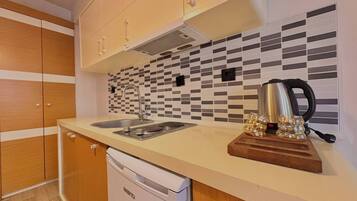 Fridge, stovetop, cookware/dishes/utensils