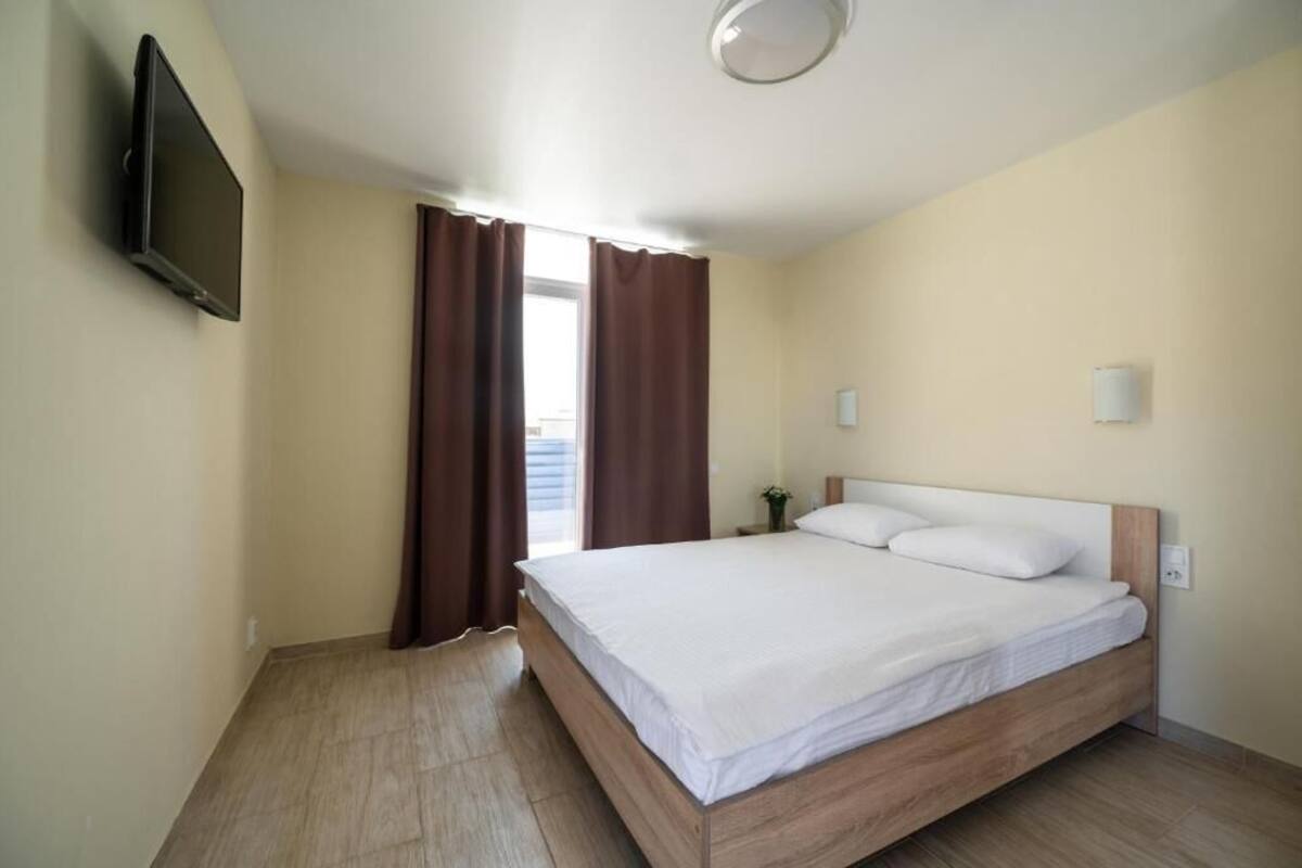 A hotel room with a bed, curtains, a television, and a small plant.