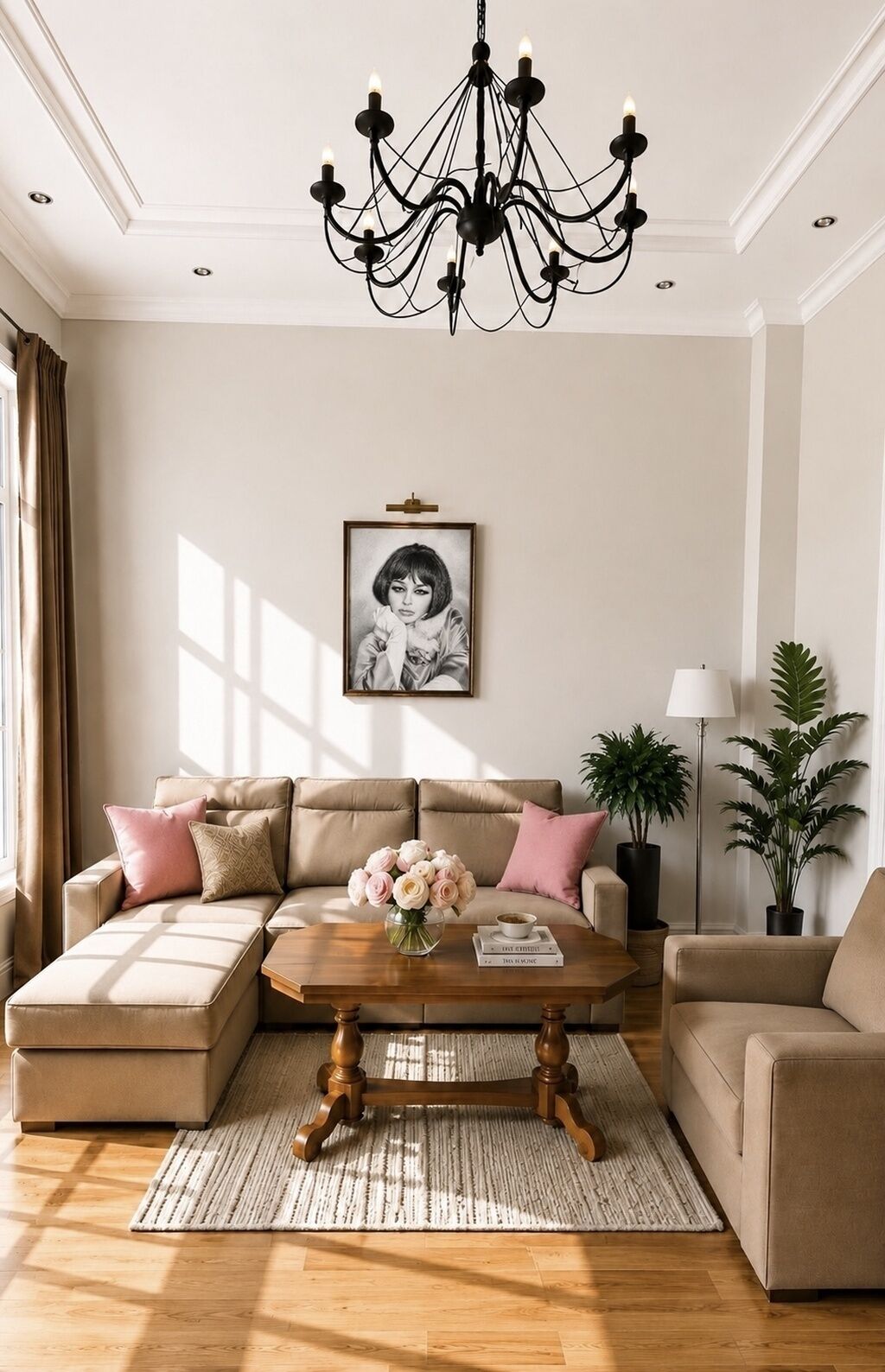 A living room with a chandelier, a sofa set, a coffee table, and a framed picture on the wall.