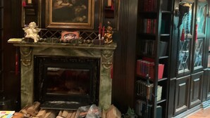A library with bookshelves, a fireplace with a mantel, and a patterned rug.