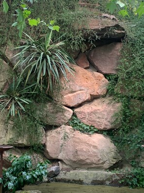 A rock formation with greenery and a small water feature.