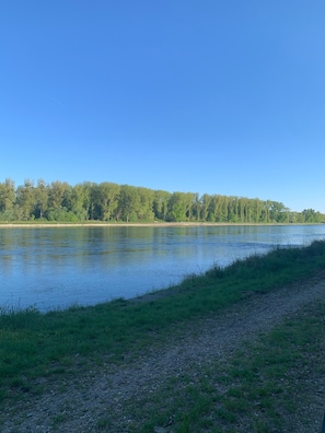A river with a grassy bank and trees in the background. - Villa "Toskana" with Pool, Wi-Fi, and Air Conditioning (Hördt)