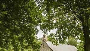 Een stenen kerk met een puntige dak, een gebogen ingang en een kleine klokkentoren, omringd door bomen en een grasveld.