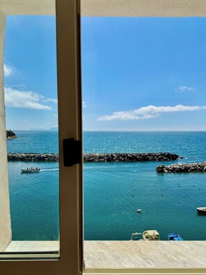 Blick durch ein Fenster auf die Küste mit ruhigem Meer, Felsen und Booten.