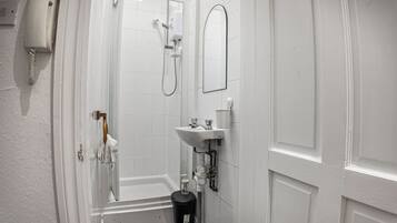A bathroom with a white sink, a mirror, a shower, and a toilet.