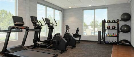 A gym with treadmills, elliptical machines, and a weightlifting area with various exercise balls.