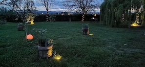 A garden with potted plants and string lights. - Farmhouse with garden, parking and fitness area near Bologna center (Bologna, Emilia-Romagna)