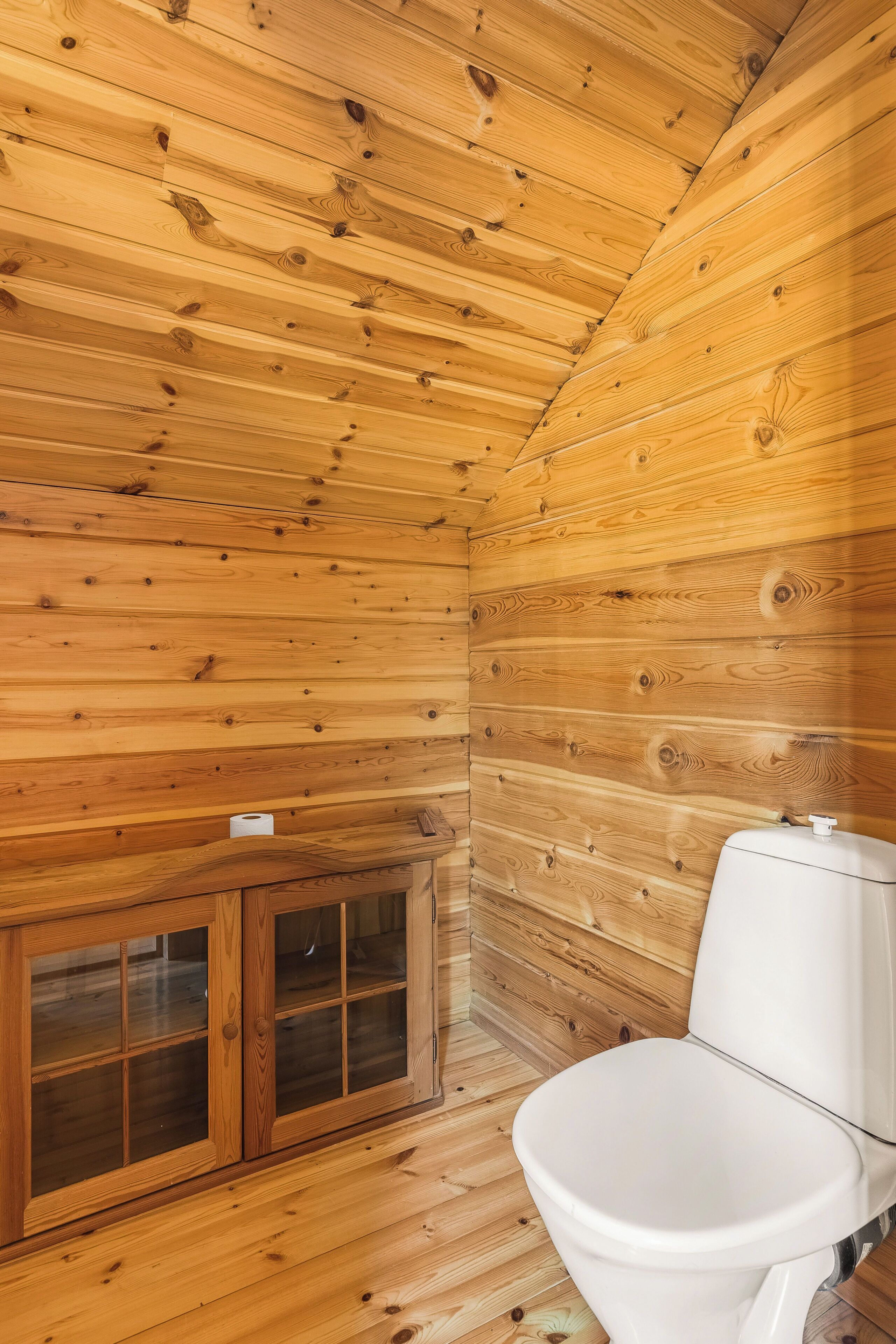 Un baño con paneles de madera, un inodoro y un armario con puertas de cristal.
