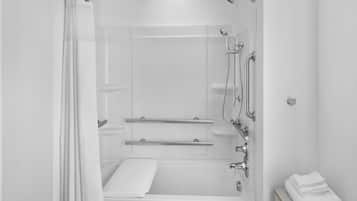 A modern bathroom with a walk-in shower, a bathtub, and a toilet.