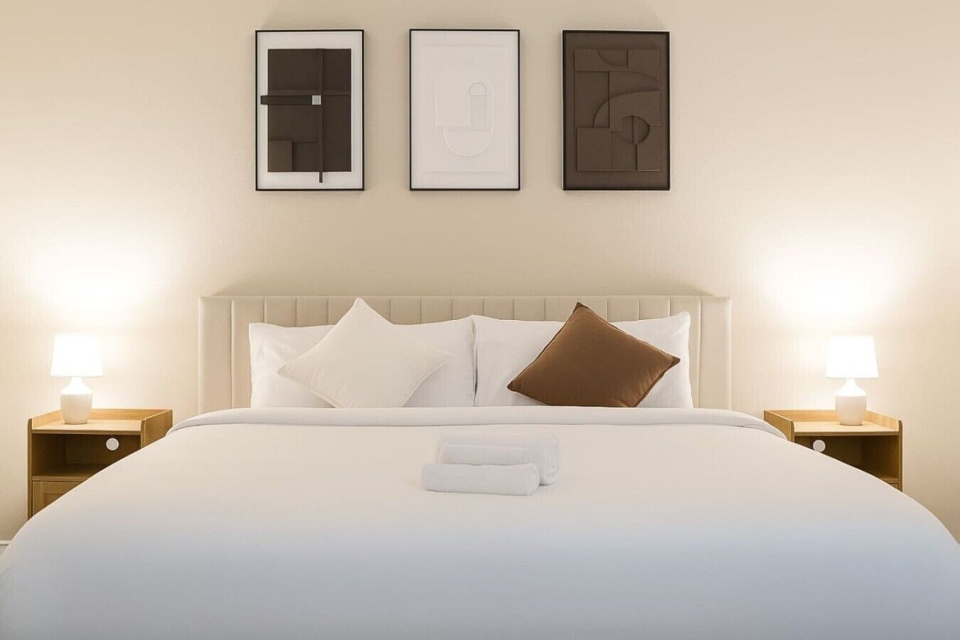 A hotel room with a bed, two bedside tables with lamps, and three framed pictures on the wall.