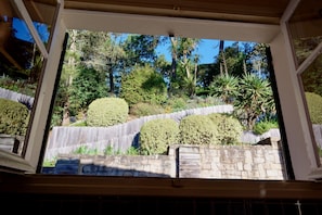 Blick durch ein Fenster auf einen Garten mit Steinmauer, Büschen und Bäumen.