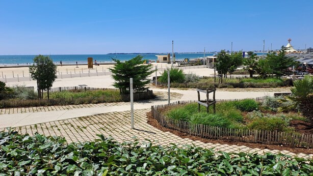 Eine Küstenpromenade mit gepflastertem Gehweg, Grünflächen und Blick aufs Meer.