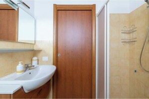Un bagno con porta in legno, un lavandino con specchio e una doccia con portasci.