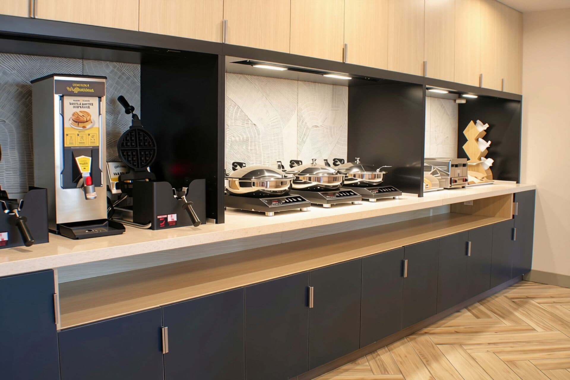 Eine moderne Küche mit Kaffeemaschine, einem Waffeleisen und mehreren Induktionskochfeldern.
