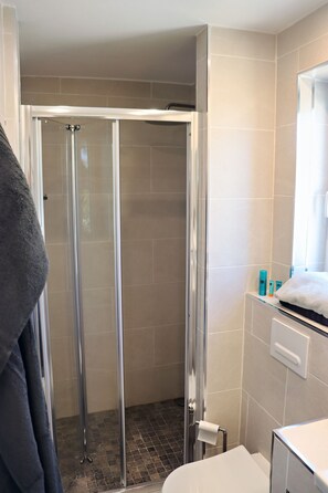 Shower, hair dryer, towels, soap