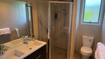 A bathroom with a glass-enclosed shower, a toilet, and a sink with a mirror.
