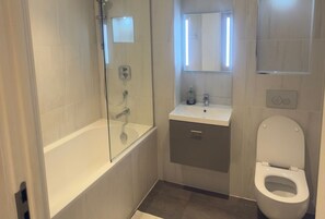 Ein Badezimmer mit einer Duschkabine, einem Waschbecken mit Spiegel darüber und einer Toilette.
