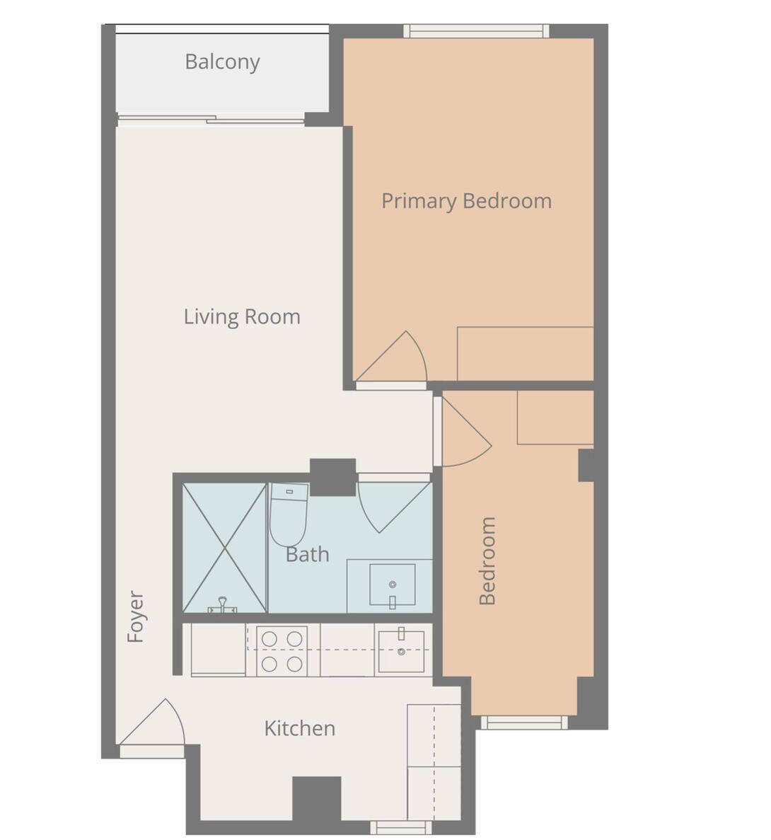 A floor plan with a balcony, primary bedroom, living room, bathroom, foyer, and kitchen.