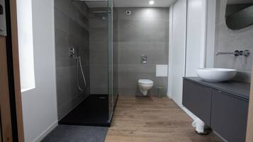 Shower, hair dryer, towels, toilet paper