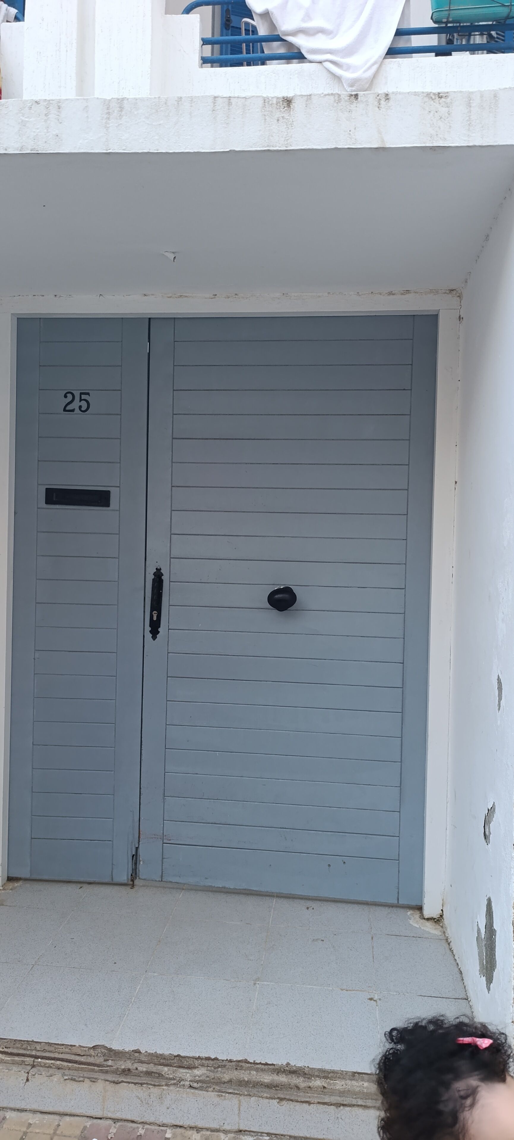 A grey double door with a number '25' and a keyhole, set in a concrete ledge with a tiled floor.