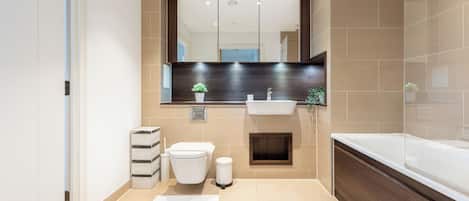 Hair dryer, towels, soap, shampoo