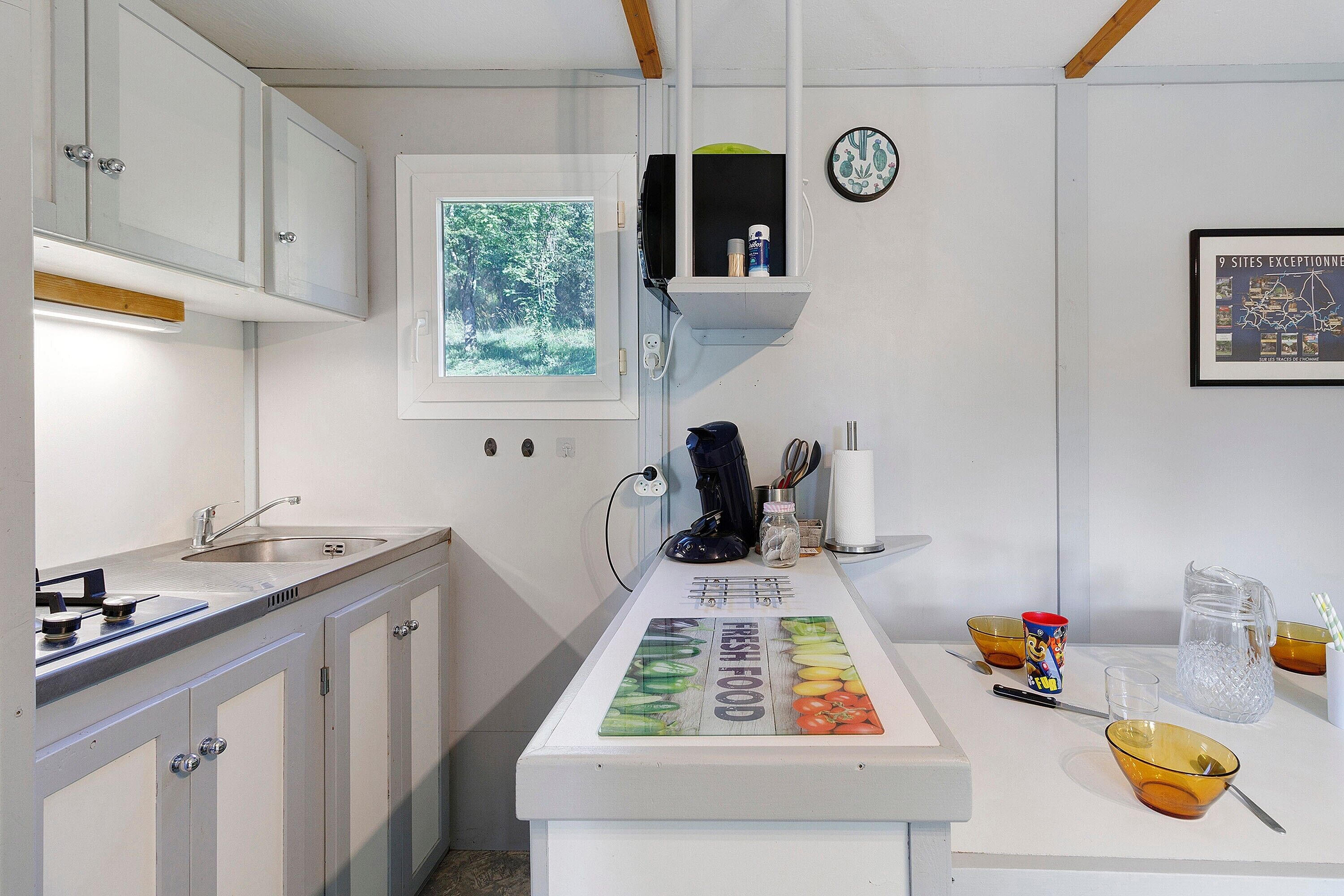 A kitchen with a countertop, sink, cabinets, and a window with a view of trees.