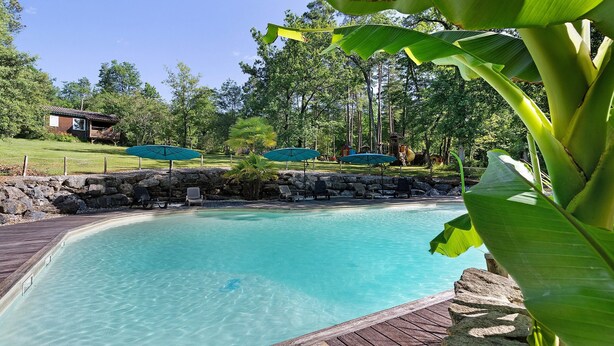 Ein klares Schwimmbecken mit Holzterrasse, Steinwänden und grünen Sonnenschirmen.