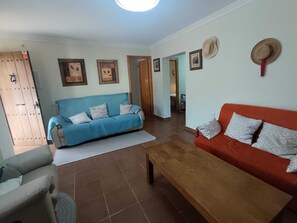 A living room with a blue sofa, a red sofa, a wooden coffee table, and a patterned rug.