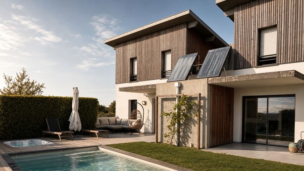 Ein modernes, zweistöckiges Haus mit Swimmingpool, Terrassenmöbeln und einem gepflegten Rasen.