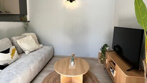 A modern living room with a sofa, a round coffee table, a TV stand, and a wall-mounted light fixture. - Renovated T2 - Cathedral view - Center - Wifi (Lodève)