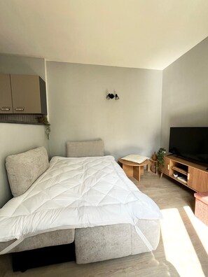 Une chambre à coucher avec un lit, une télévision, une petite table et un meuble.