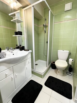 Ducha, secador de pelo, toallas, jabón