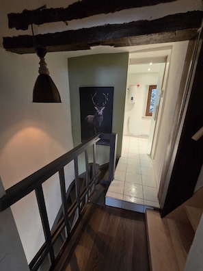 Eine Treppe mit Holzbodenstufen und einem Metallgeländer, die zu einem Raum führt, in dem ein Hirschbild in einem Rahmen an der Wand hängt.