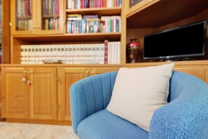 Un fauteuil bleu avec un coussin blanc, dans une piĂšce dotĂ©e dâĂ©tagĂšres en bois et dâun tĂ©lĂ©viseur.