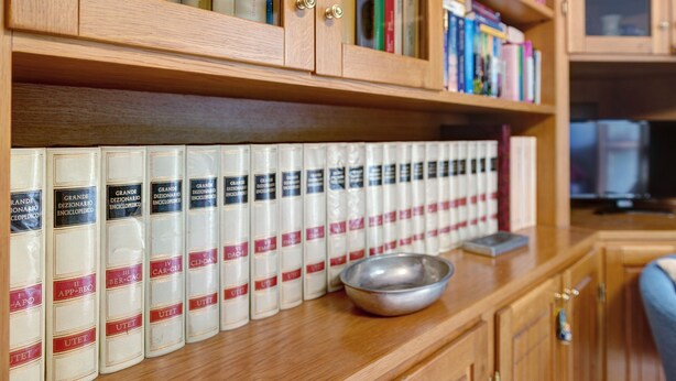 Ein Bücherregal mit Büchern und einer Metallschale.