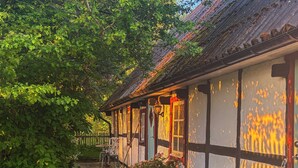 A traditional building with a sloped roof, a pathway leading to the entrance, and a fence in the background. - Gorgeous and cosy 3-bedroom house in beautiful landscape. (Helsingborg)