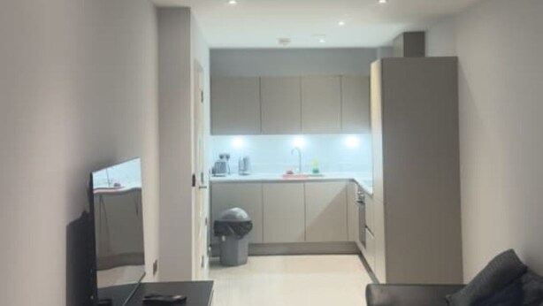 A compact living space with a kitchenette, a seating area, and a television. - 1 Bedroom - Rubix (London)