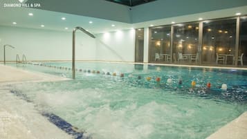Indoor pool, seasonal outdoor pool, pool umbrellas