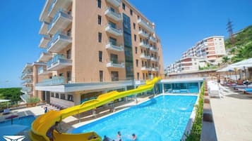 Indoor pool, seasonal outdoor pool, pool umbrellas