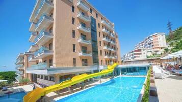 Indoor pool, seasonal outdoor pool, pool umbrellas