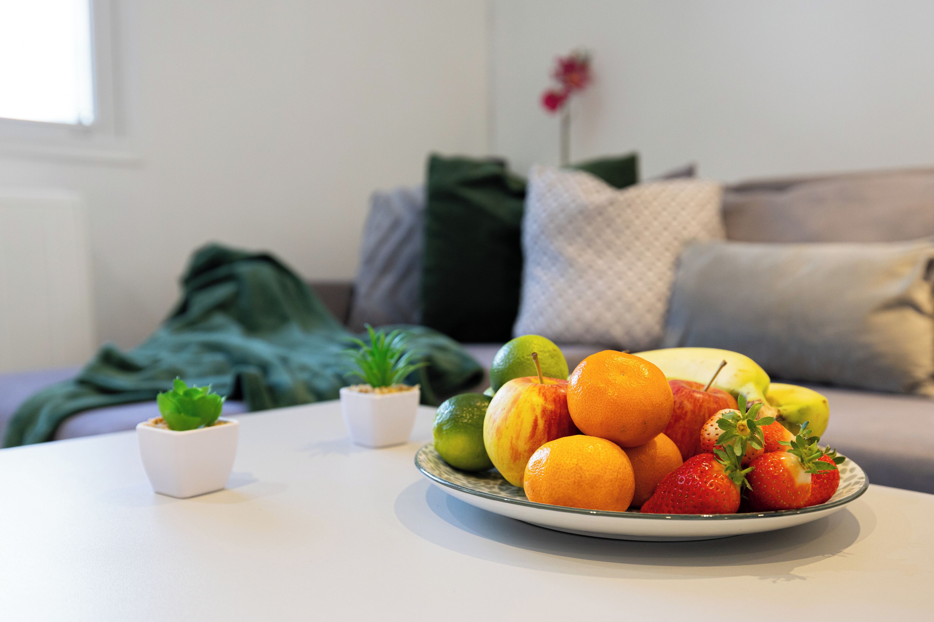 Uma travessa de frutas em uma mesa, com uma pequena planta e um vaso de planta ao fundo.