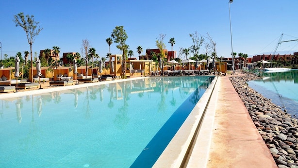 A pool with lounge chairs, palm trees, and a clear sky.